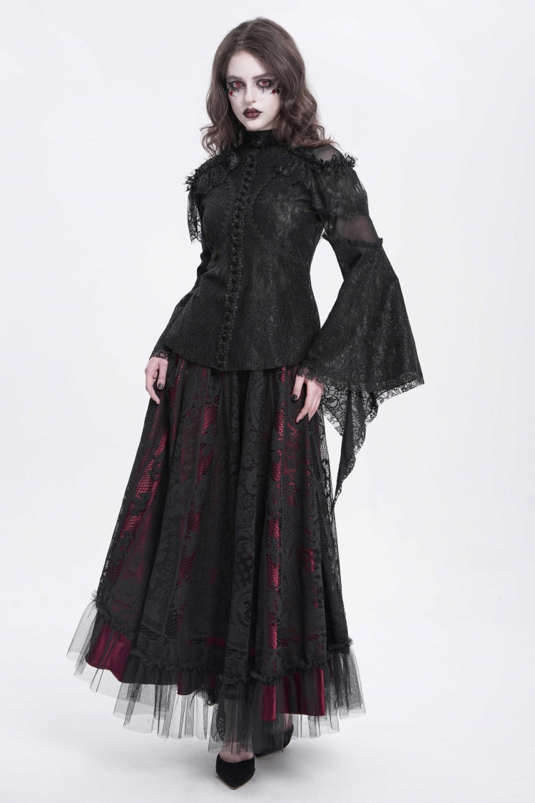 Black Stand Collar Long Trumpet Sleeves Embroidery Stitching Lace Women's Gothic Blouse - Product - 7