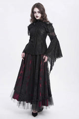 Black Stand Collar Long Trumpet Sleeves Embroidery Stitching Lace Women's Gothic Blouse - Product - 7