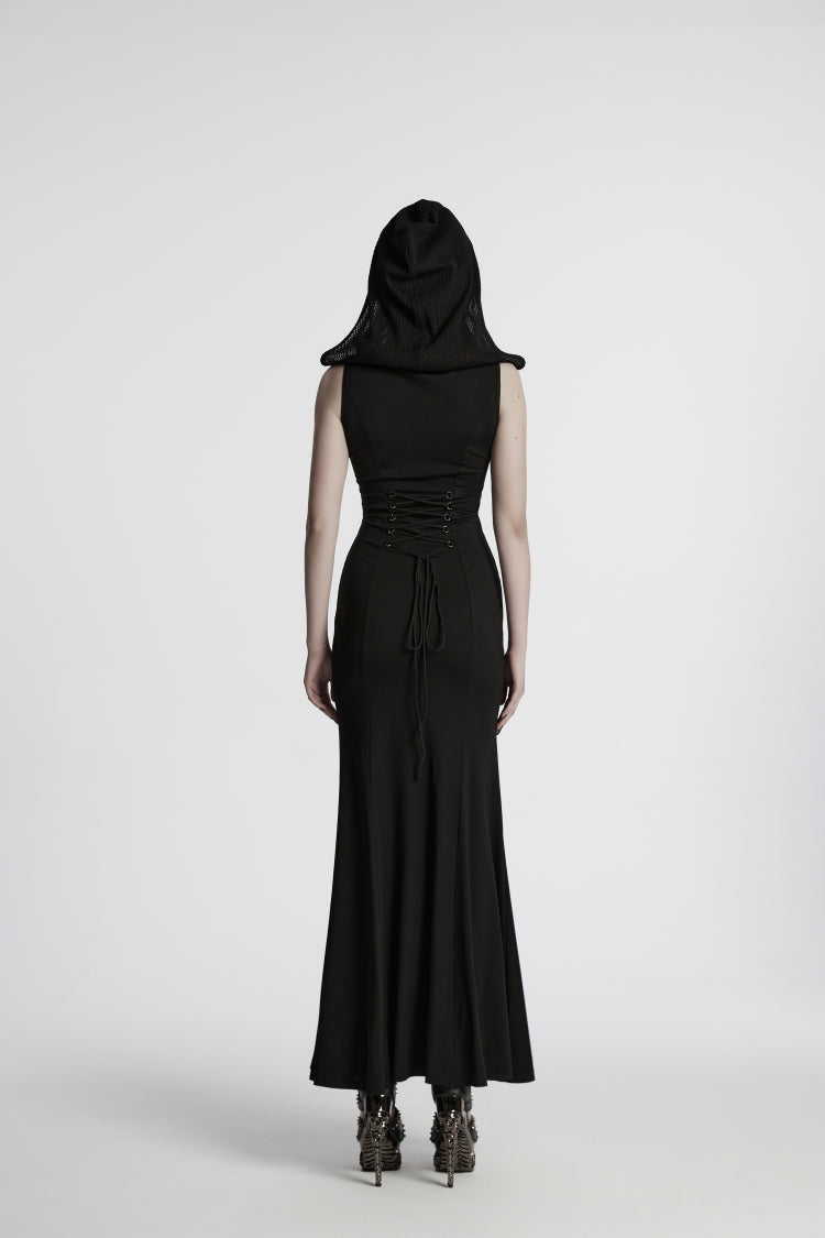 Black Off Shoulder Sleeveless Spliced Lace-Up Slim Mesh Studded Eyelet Women's Punk Dress - Product - 3