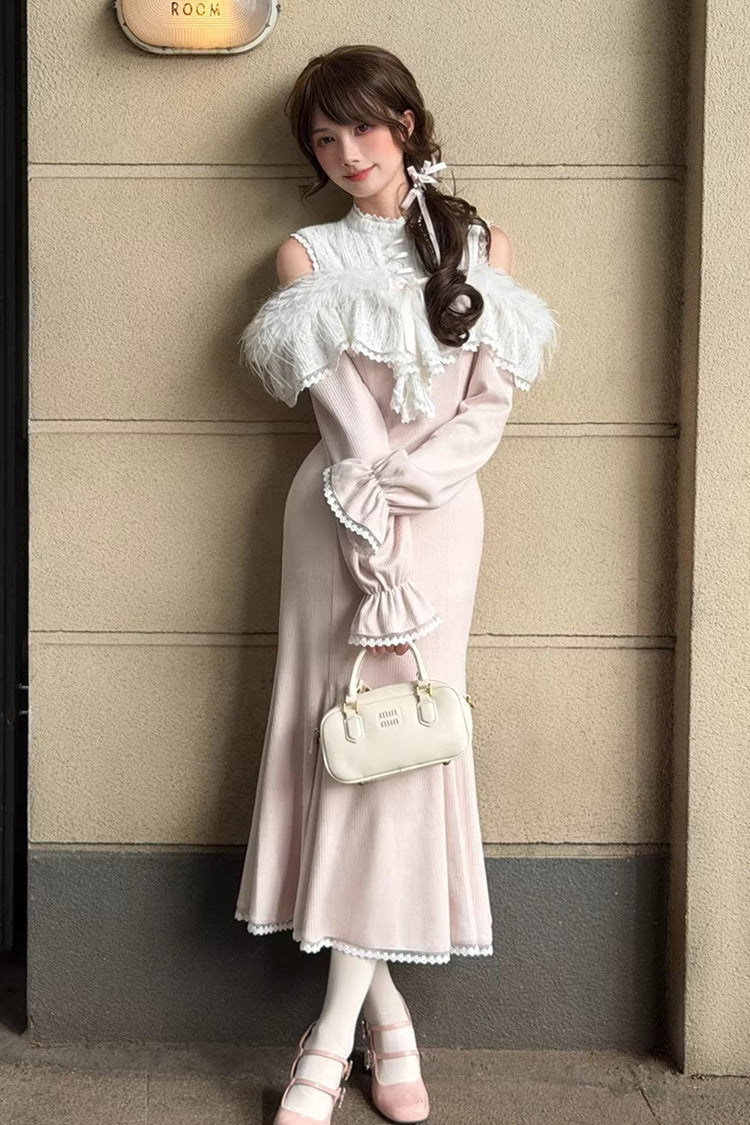 Pink [Little Love Song] Stand Collar Off Shoulder Long Sleeves Lace Sweet Japanese Elegant Lolita Mermaid Long Dress - Product - 5