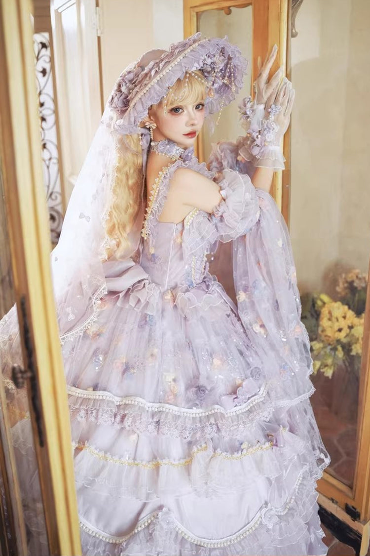 Purple [The Runaway Princess] Sleeveless Multi-Layered Printed Hanayome Bow Lace Pearl-Decorated Sweet Plus Size Gorgeous Lolita Jsk Dress - Product - 5