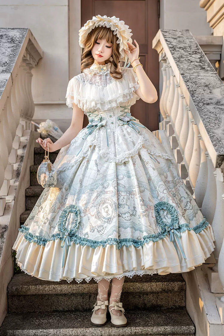 Ivory [Cloudborne Prelude] Edwardian Collar Jacquard Printed Ruffled Bow Lace Fishbone Sweet Classic Lolita Dress - Ivory - 1