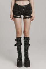 Black Slim Symmetrical Front Button Women's Steampunk Shorts - Black - 1