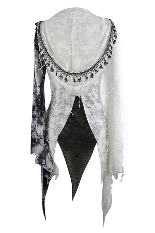 Black And White Tie Dyed Jersey Hooded Punk Asymmetrical Womens Coat - Product - 7