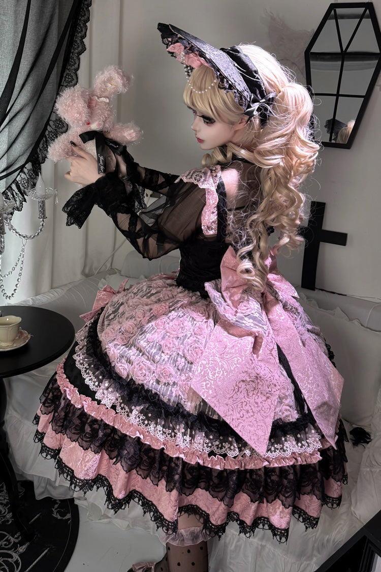 Black/Pink [Rose Princess] Sleeveless Ruffle Bowknot Lace Lace-Up Sweet Ballet Lolita Jsk Dress - Product - 12