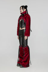 Red Stand Collar Long Sleeves Women's Punk Faux Fur Short Jacket - Product - 2