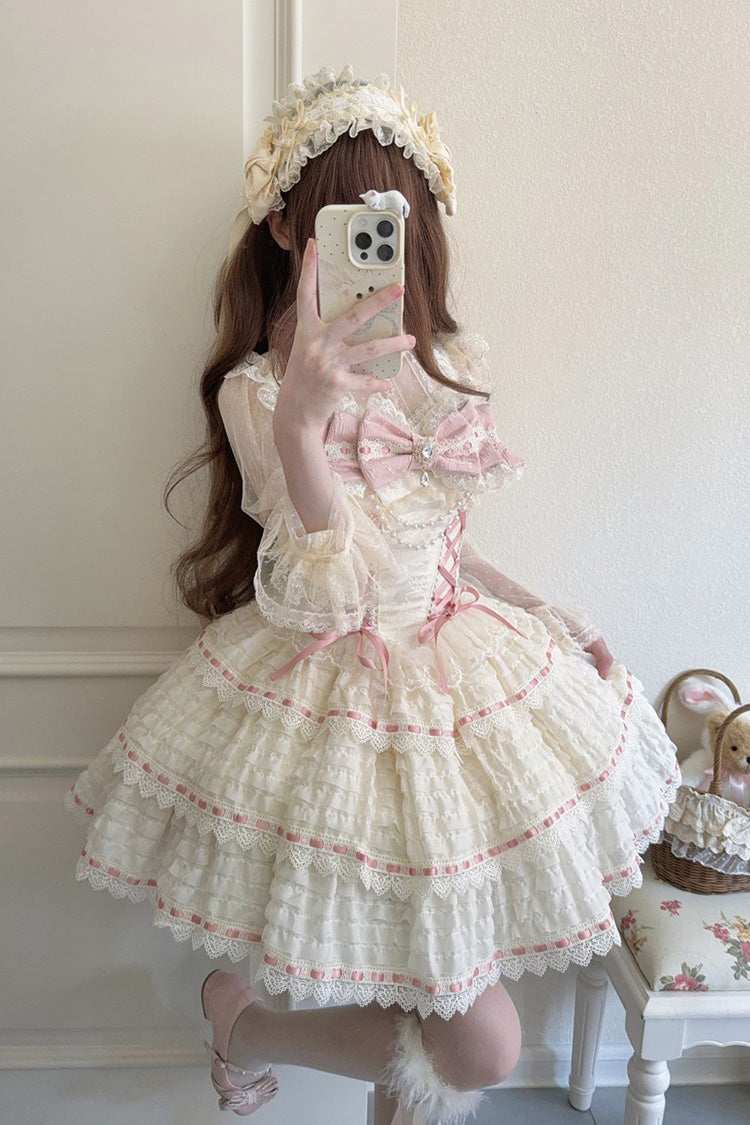 Apricot [Song of Floral Letters] Sleeveless Triple-Layered Bowknot Lace-Up Sweet Lolita Jsk Dress - Apricot - 1