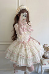 Apricot [Song of Floral Letters] Sleeveless Triple-Layered Bowknot Lace-Up Sweet Lolita Jsk Dress - Apricot - 1