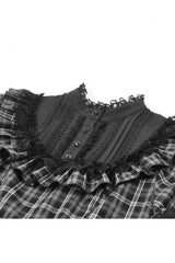 Black/White Plaid Stand Collar Short Puff Sleeves Ruffled  Lace Lace-Up Women's Lolita Gothic Dress - Product - 15