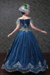 Blue Boat Neck Off-The-Shoulder High Waisted Embroidery Floral Print Victorian Lolita Prom Dress - Product - 4