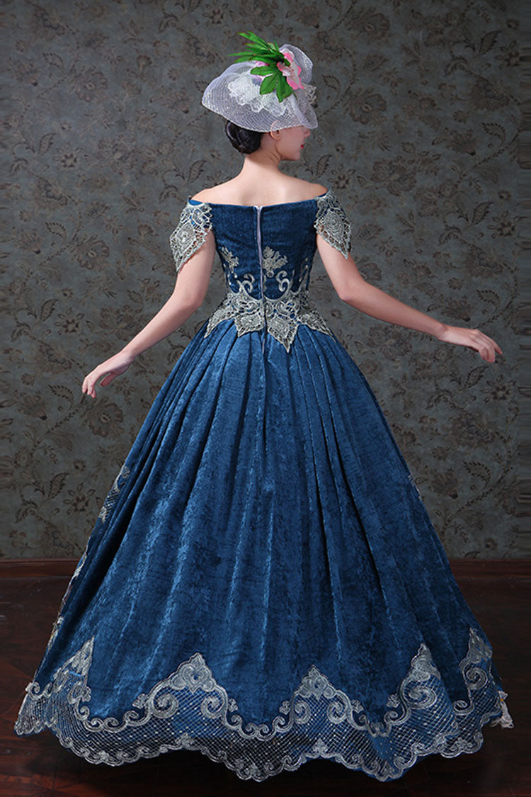 Blue Boat Neck Off-The-Shoulder High Waisted Embroidery Floral Print Victorian Lolita Prom Dress - Product - 4