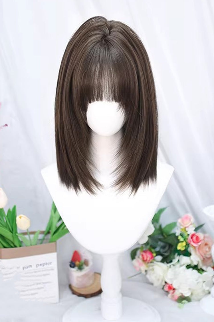 Medium Length Straight Sweet Lolita Wig with Light Airy Bangs 2 Colors - Cool-Brown - 2