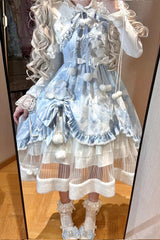 Blue [Cloud Dreamland] Cut-Out Embroidered Bow Lace Asymmetric Sweet Elegant Lolita Jsk Dress Set - Product - 5