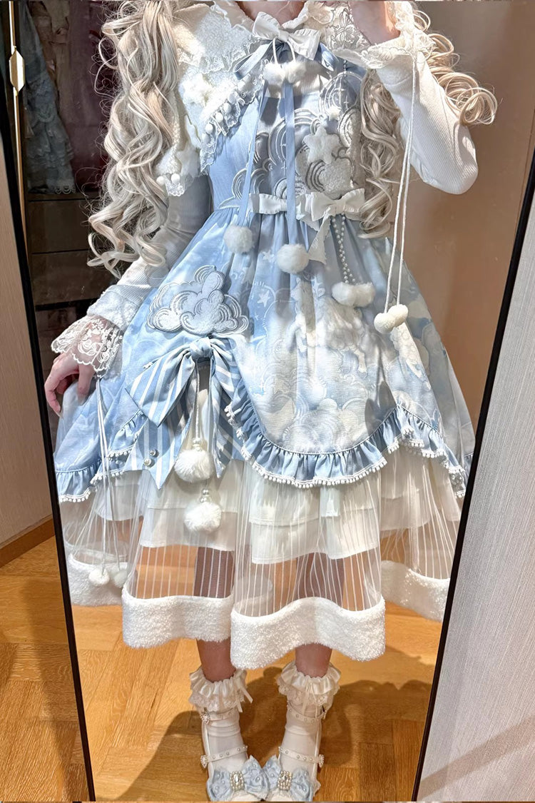 Blue [Cloud Dreamland] Cut-Out Embroidered Bow Lace Asymmetric Sweet Elegant Lolita Jsk Dress Set - Product - 5