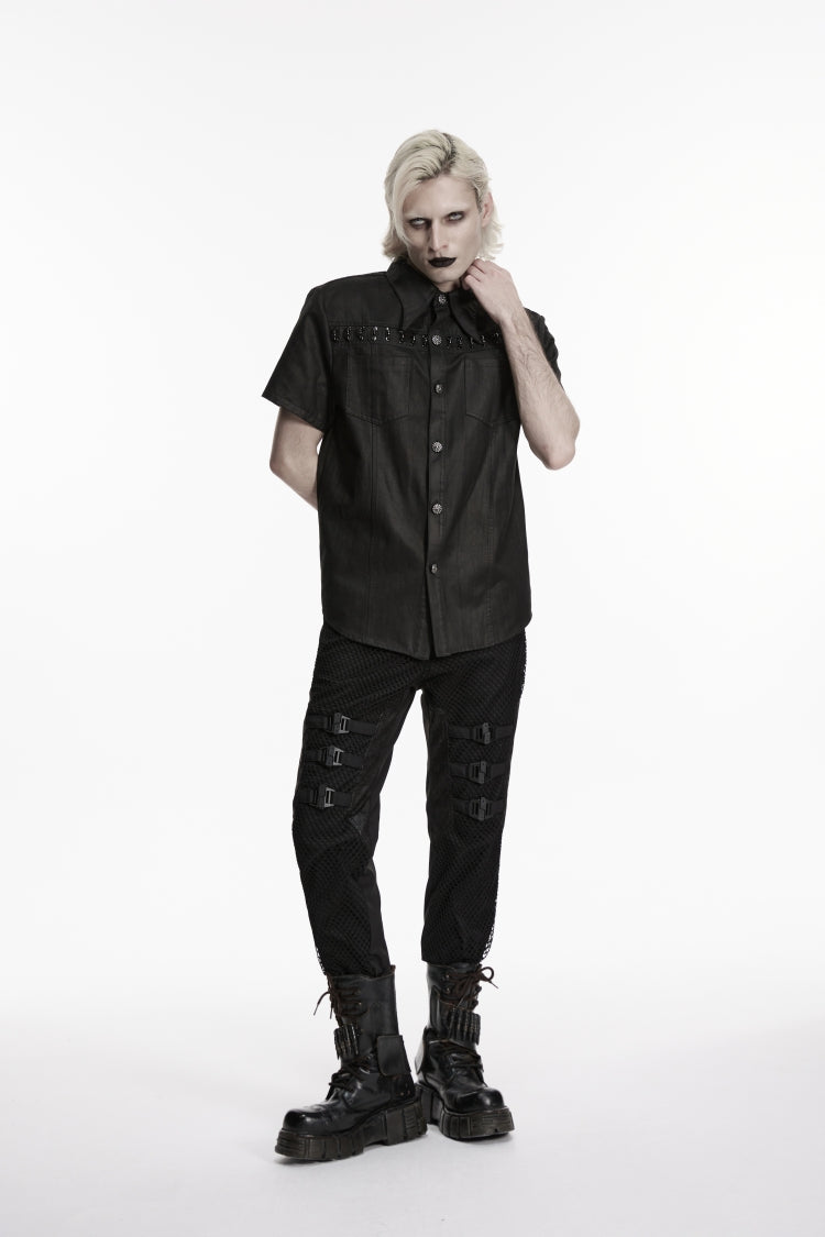 Black Spliced Slim Mesh Buckled Men's Punk Cool Pants - Product - 5