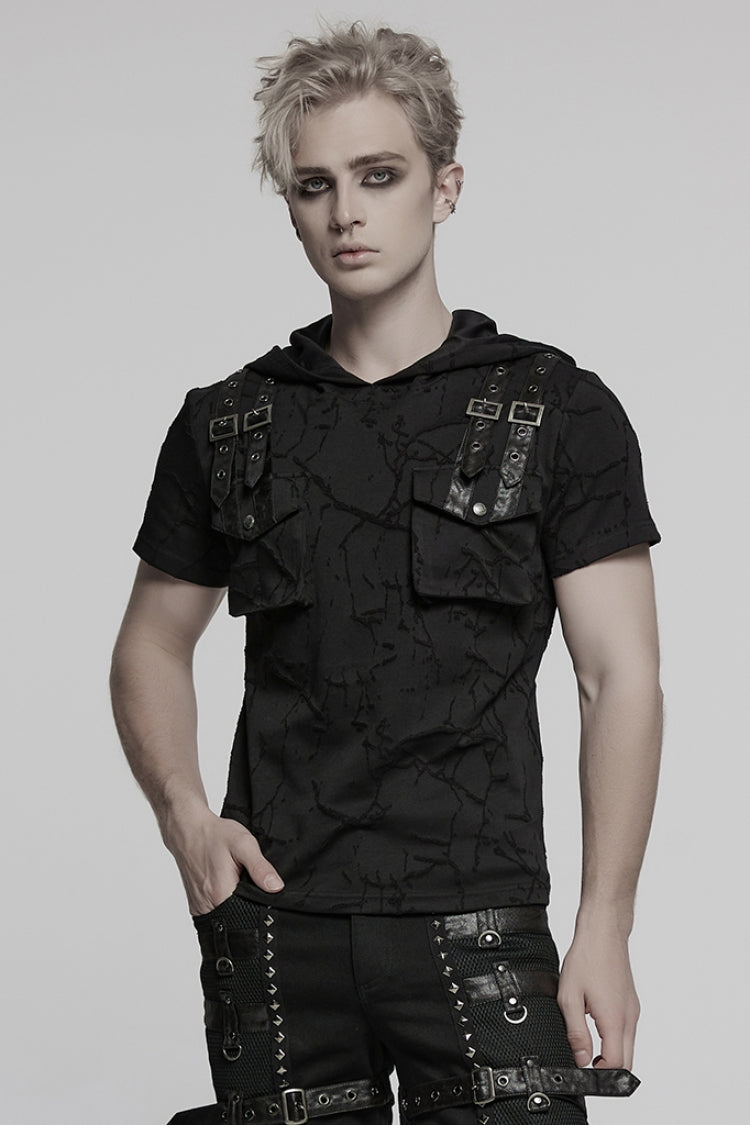 Black Short Sleeves Big-pocket Tie-dyed Hooded Men's Punk T-Shirt - Product - 2