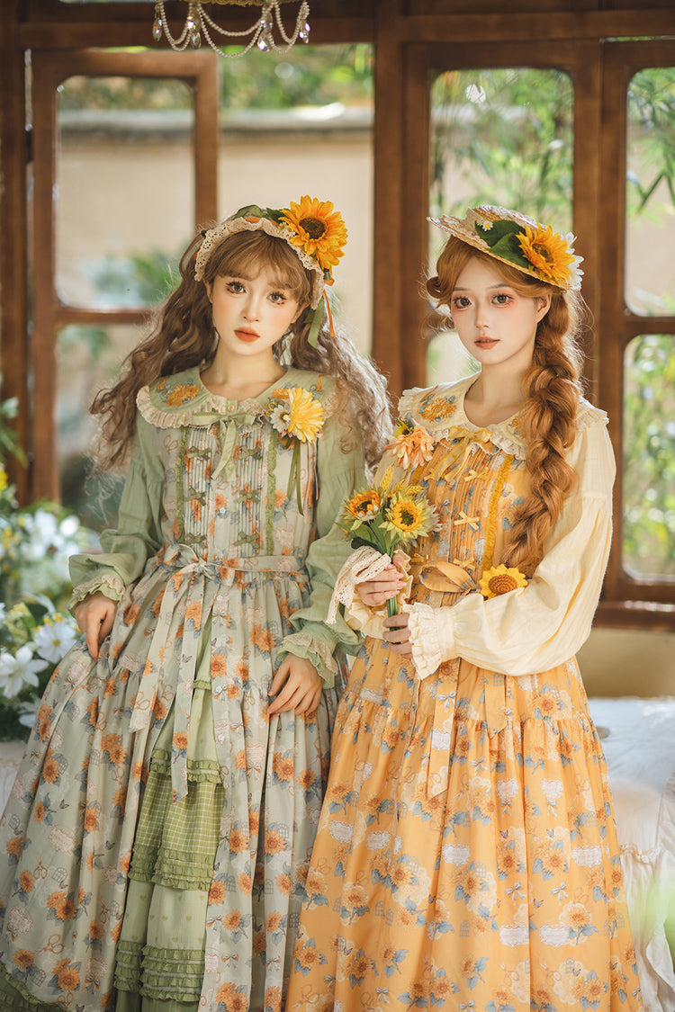 Green [Gardening Sunflower] Sleeveless Print Ruffle Bowknot Sweet Elegant Lolita Jsk Dress - Product - 11