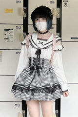 Black/White Houndstooth Print Ruffle Bowknot Lace Lace-Up Jirai Kei Japanese Skirt - Product - 2