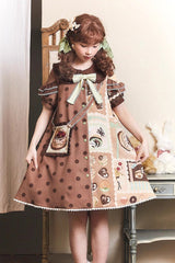 Cake Chocolate Dessert Print Short Sleeves Ruffle Bowknot Sweet Lolita Dress 2 Colors - Brown - 2