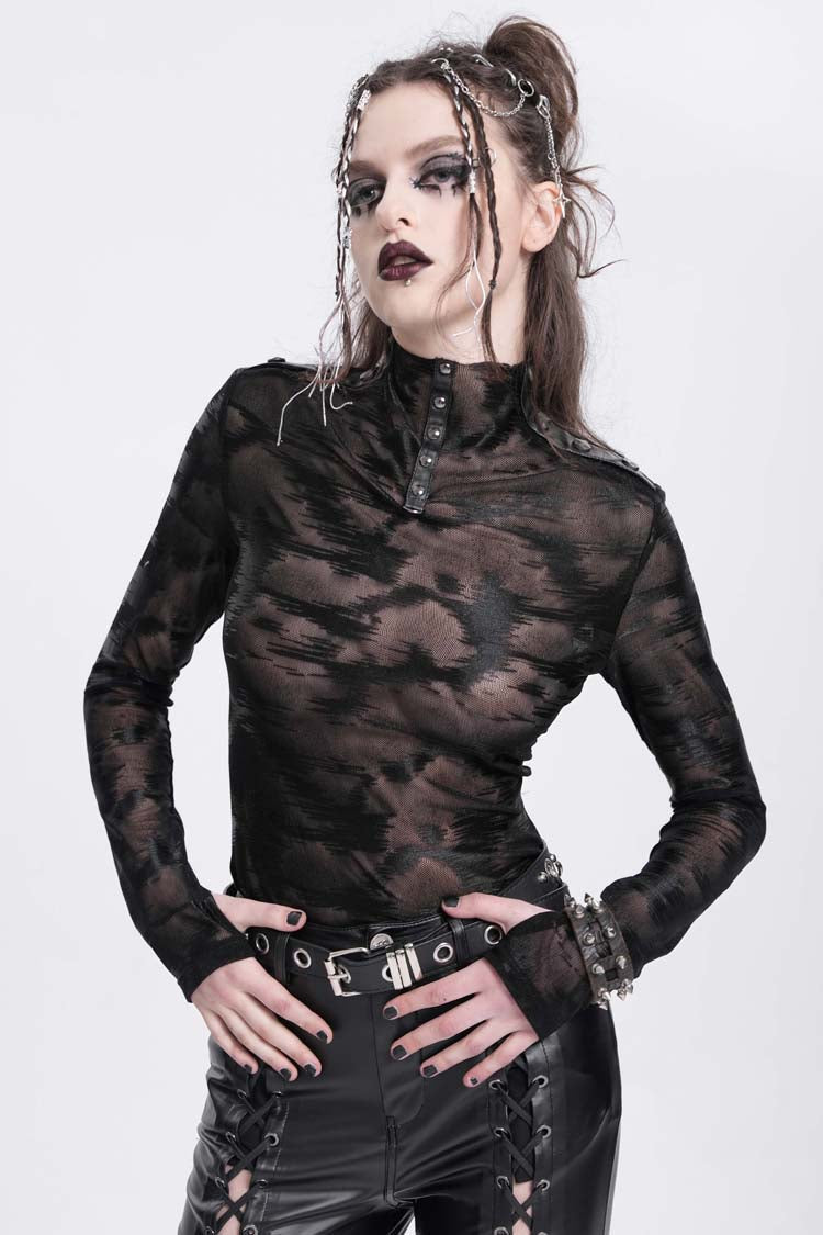 Black Stand Collar Sheer Studded Women's Punk Blouse - Black - 1
