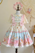 Blau/Rosa Schaf-Walzer-Druck, Rüschen, Schleife, Spitze, süß (Kleid einzeln), Vorderansicht