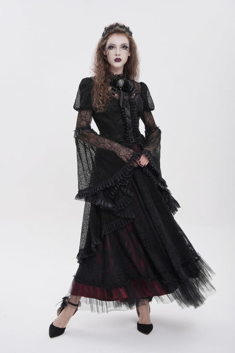 Black Stand Collar Long Trumpet Sleeves Cut-Out Women's Gothic Gorgeous Blouse - Product - 4