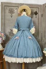 Blue [Lilica Garden] Lapel Collar Short Trumpet Sleeves Ruffled Open-Front Bow Lace Sweet Elegant Luxurious Lolita Dress - Product - 11