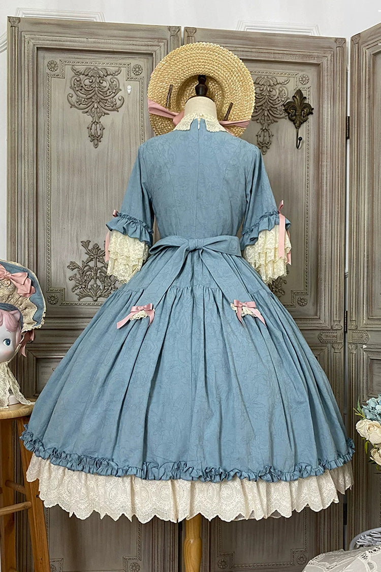 Blue [Lilica Garden] Lapel Collar Short Trumpet Sleeves Ruffled Open-Front Bow Lace Sweet Elegant Luxurious Lolita Dress - Product - 11