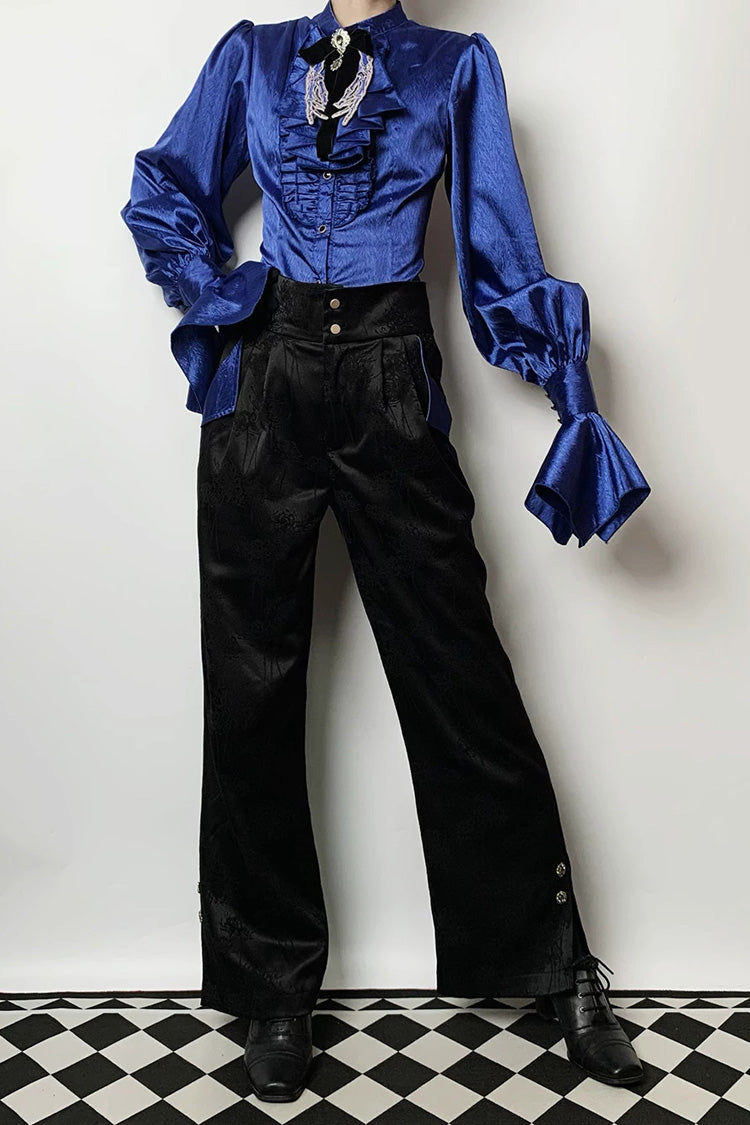 Black/Blue [Moonlit Return] Jacquard Printed Lace-Up Gothic Elegant Ouji Lolita (Blouse/Pants/Shorts/Vest) - Product - 6