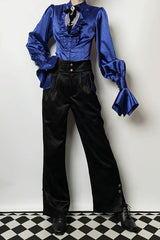 Black/Blue [Moonlit Return] Jacquard Printed Lace-Up Gothic Elegant Ouji Lolita (Blouse/Pants/Shorts/Vest) - Product - 6