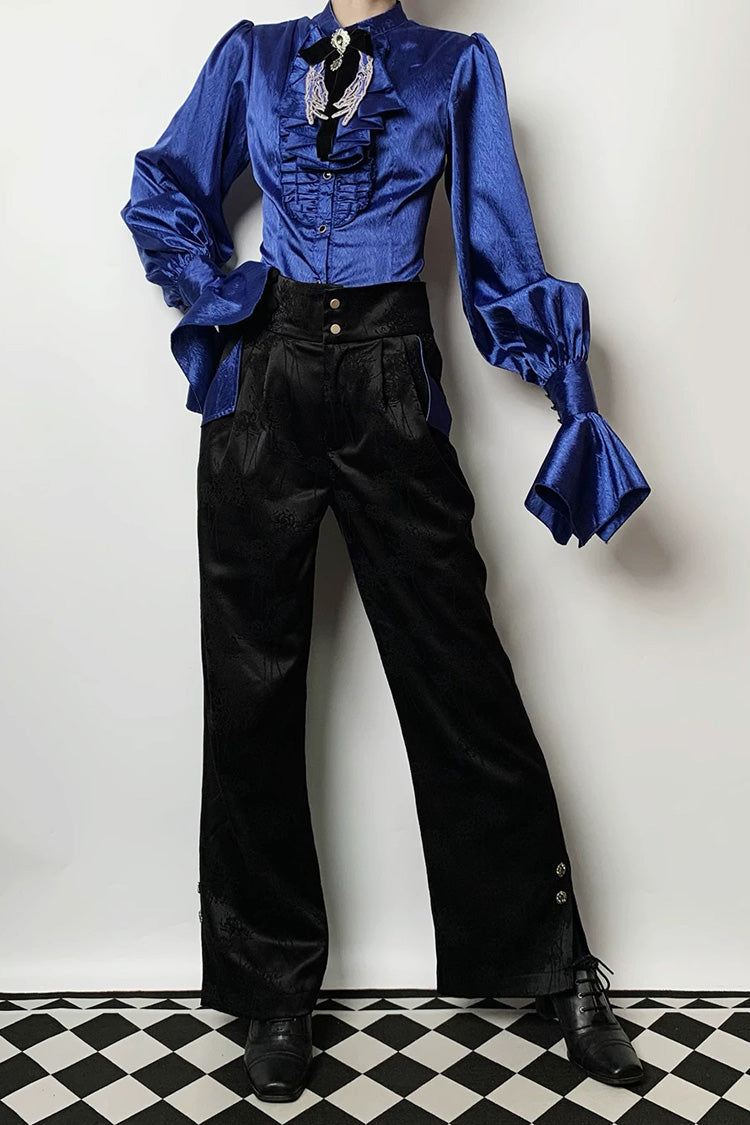 Black/Blue [Moonlit Return] Jacquard Printed Lace-Up Gothic Elegant Ouji Lolita (Blouse/Pants/Shorts/Vest) - Product - 6
