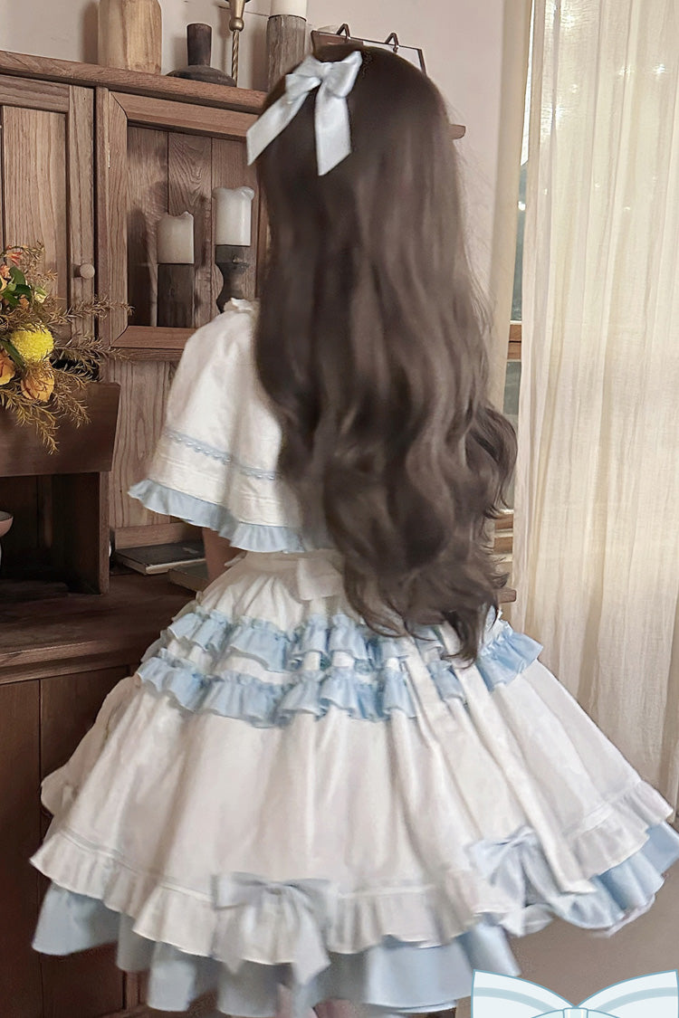 White/Blue [Window Dolls] Multi-Layered Ruffle Love Bowknot Sweet Princess Lolita Jsk Dress with Cape - Product - 5