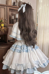 White/Blue [Window Dolls] Multi-Layered Ruffle Love Bowknot Sweet Princess Lolita Jsk Dress with Cape - Product - 5