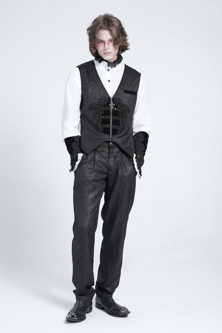 Black Floral Print Embroidery Men's Gothic Suit Pants - Product - 10