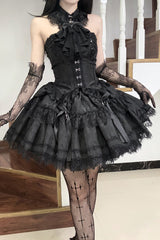 Black [Silver Moon Thorn] Off Shoulder Sleeveless Jacquard Ruffled Bow Patchwork Lace Gothic Lolita Skirt Two-piece Set - Product - 3