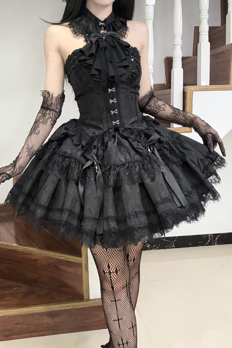 Black [Silver Moon Thorn] Off Shoulder Sleeveless Jacquard Ruffled Bow Patchwork Lace Gothic Lolita Skirt Two-piece Set - Product - 3