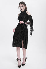 Black Off Shoulder Drawstring Jacquard Embroidery Women's Gothic Party Dress - Product - 4