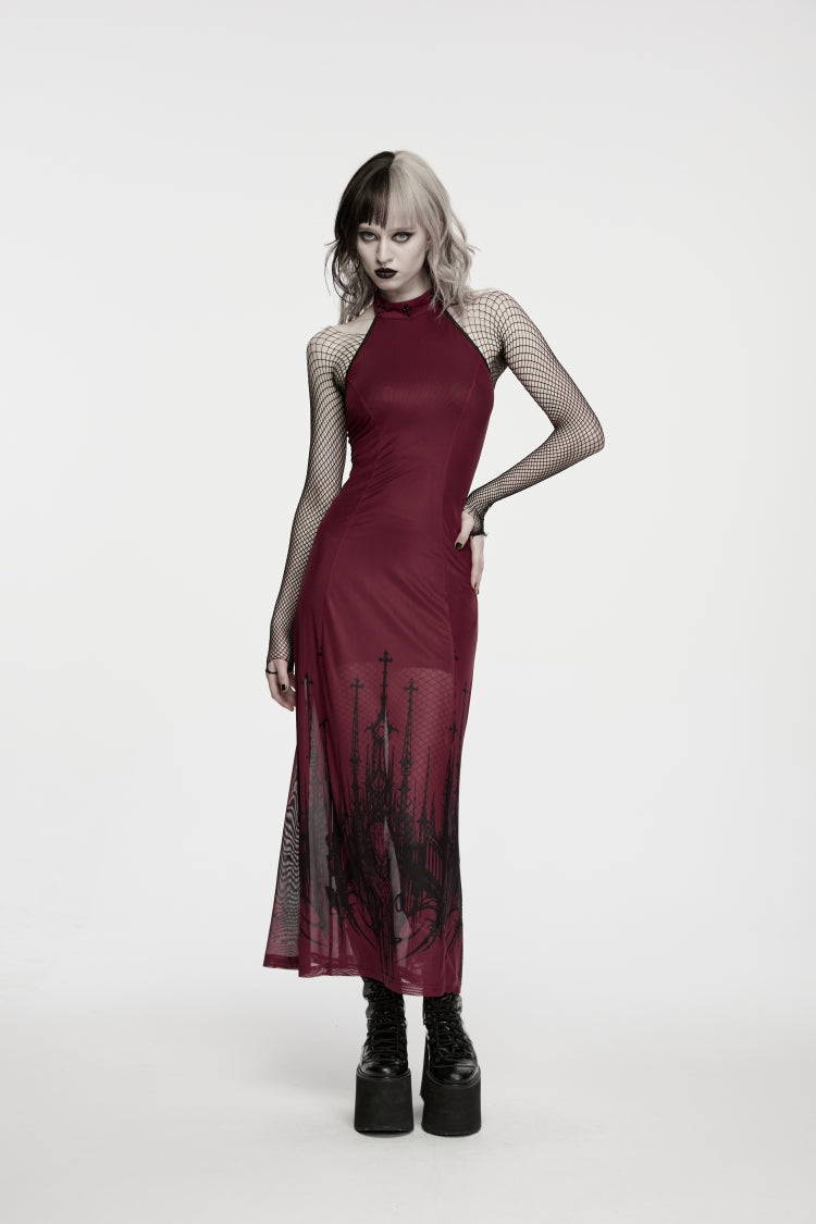 Red Halterneck Sleeveless Double-Layered Church Skull Printed  Printed Lace-Up Slim Women's Gothic Dress Graduation Dress - Product - 6