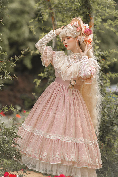 Elegant Vintage Rose Print Multi-Layer Ruffled Sweet Lolita OP Dress - Product - 12