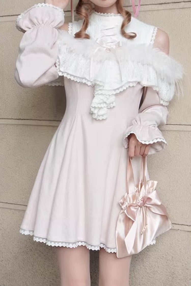 Pink [Little Love Song] Stand Collar Off Shoulder Long Sleeves Lace Sweet Japanese Elegant Lolita Dress - Product - 6