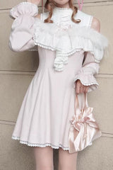 Pink [Little Love Song] Stand Collar Off Shoulder Long Sleeves Lace Sweet Japanese Elegant Lolita Dress - Product - 6