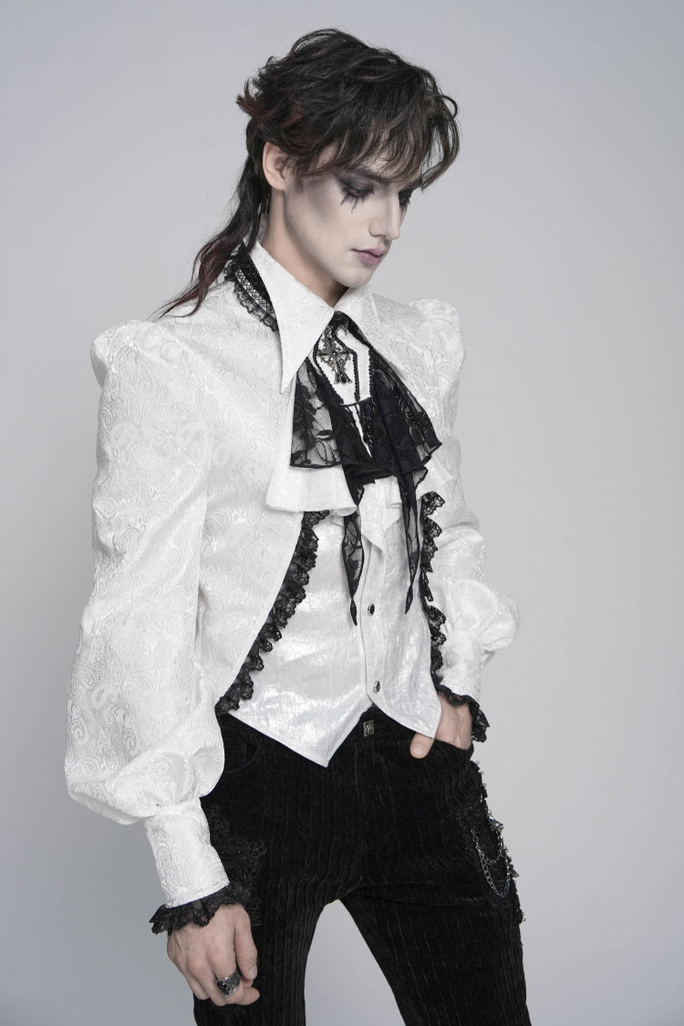 White Jacquard Lace Men's Gothic Royal Cross Beaded Neckwear - Product - 9
