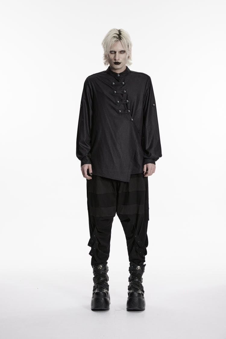 Black Stand Collar Long Sleeves Asymmetric Men's Punk Shirt - Product - 1