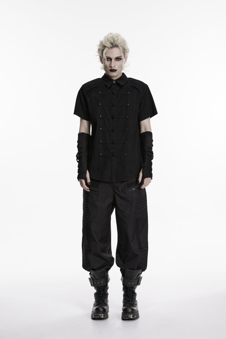 Black Lapel Collar Short Sleeves Studded Men's Punk Skull Handsome Cool Shirt - Black - 1