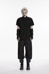 Black Lapel Collar Short Sleeves Studded Men's Punk Skull Handsome Cool Shirt - Black - 1