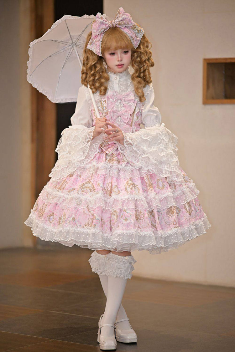 Pink [Candelabrum Elegy] Sleeveless Triple-Layered Flower Wall Printed Ruffled Bow Lace Sweet Lolita Jsk Dress - Product - 2