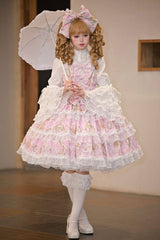 Pink [Candelabrum Elegy] Sleeveless Triple-Layered Flower Wall Printed Ruffled Bow Lace Sweet Lolita Jsk Dress - Product - 2