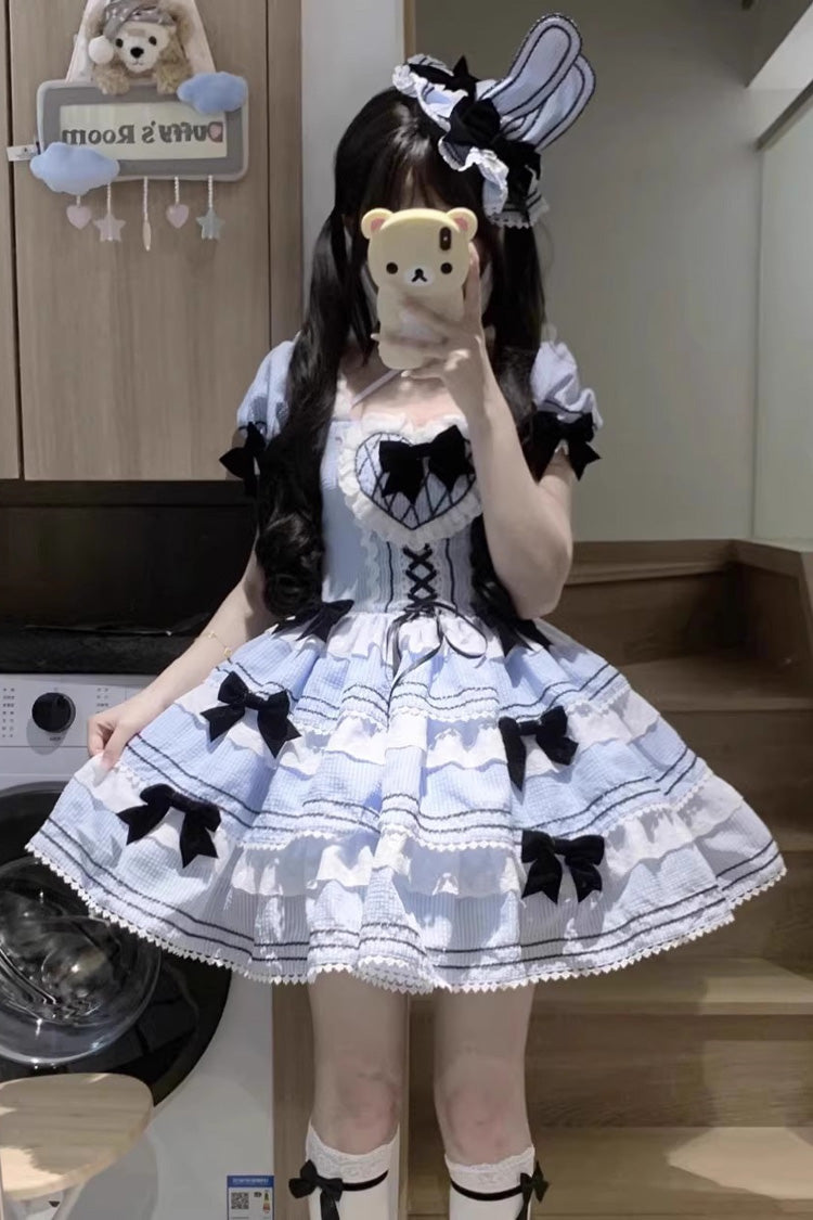 Triple-Layered Short Sleeves Vertical Stripes Print Ruffle Bowknot Lace-Up Sweet Lolita Jsk Dress 2 Colors - Blue - 5