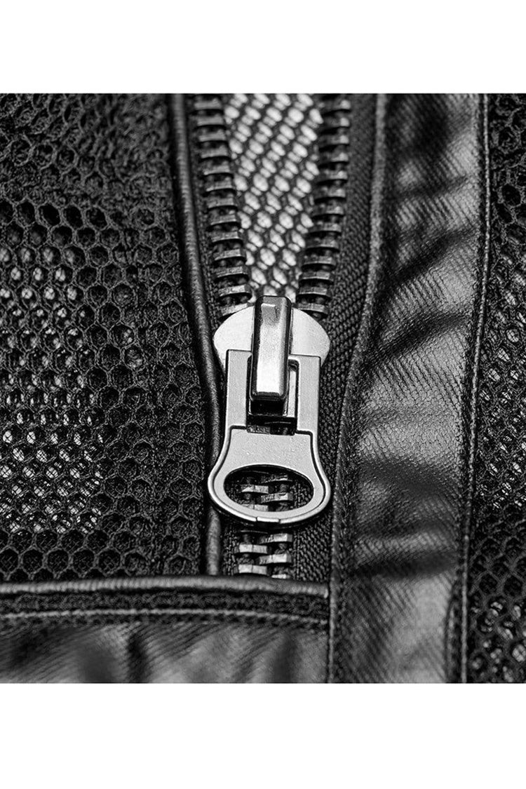 Black Punk Rough No Elasticity Woven Mesh Metal Buckle Belts Decoration Perspective Sleeveless Metal Zipper Men's Vest - Product - 8
