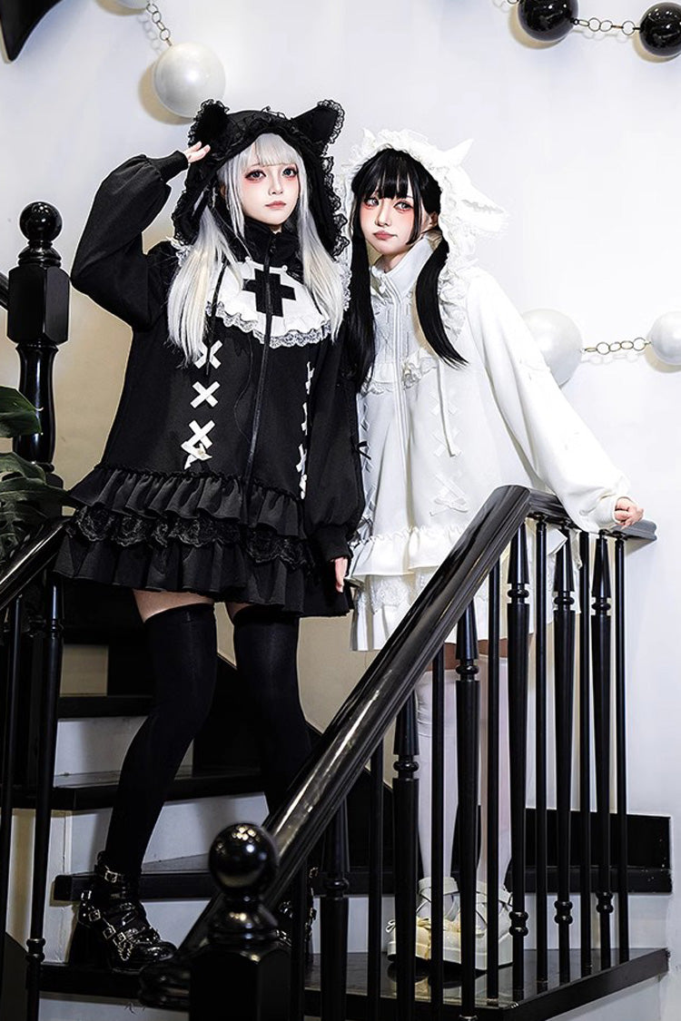 White Long Sleeves Ruffle Zipper Sweet Handsome Lolita Sweatshirt Coat - Product - 7